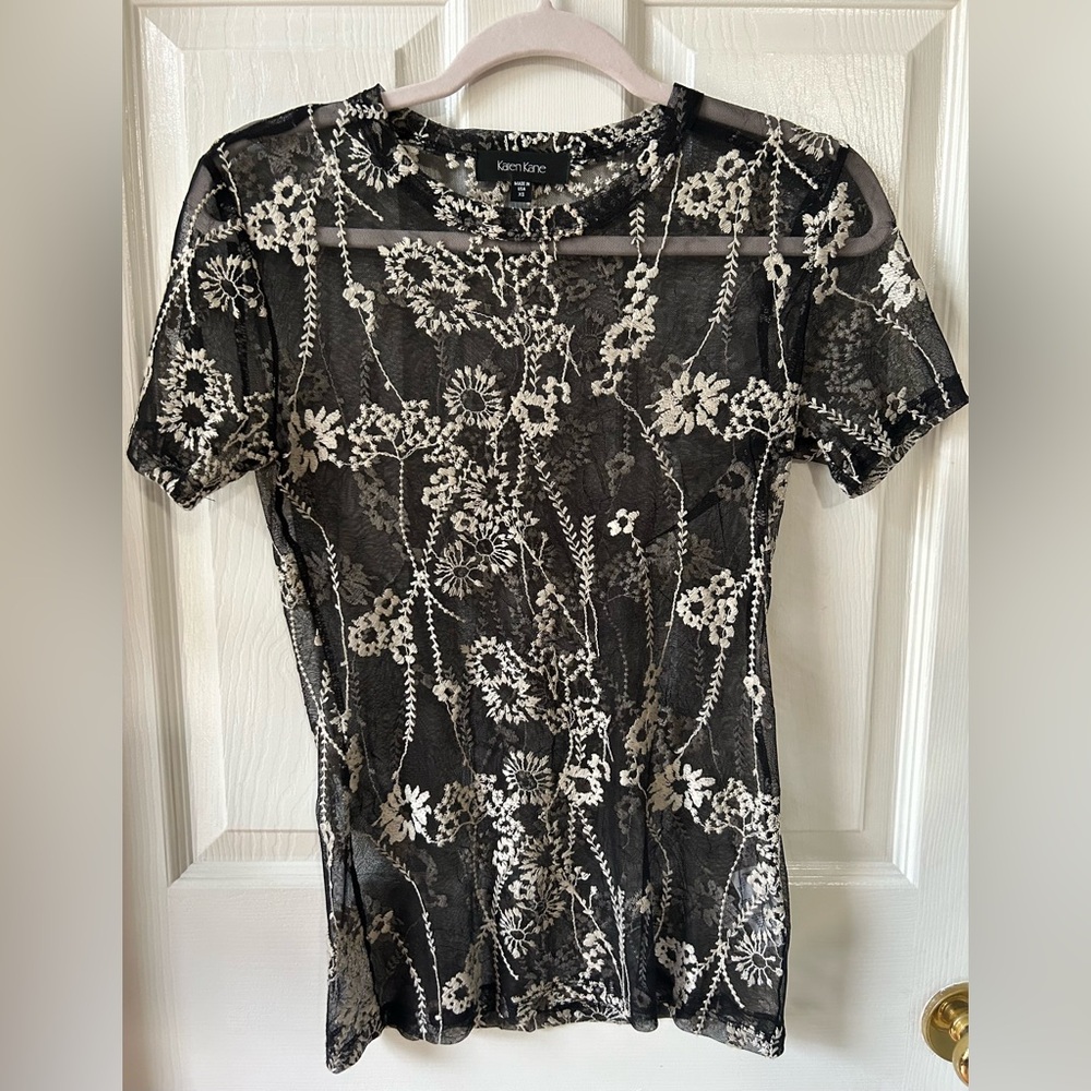 Karen Kane Short Sleeve Black Mesh Blouse with White floral embroidery, XS